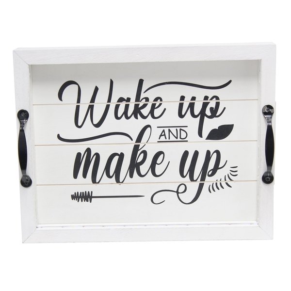 Elegant Designs LED Light Up Wooden Serving Tray with Black Handles and Wake up and make up in Black Script, White HG2032-WWM
